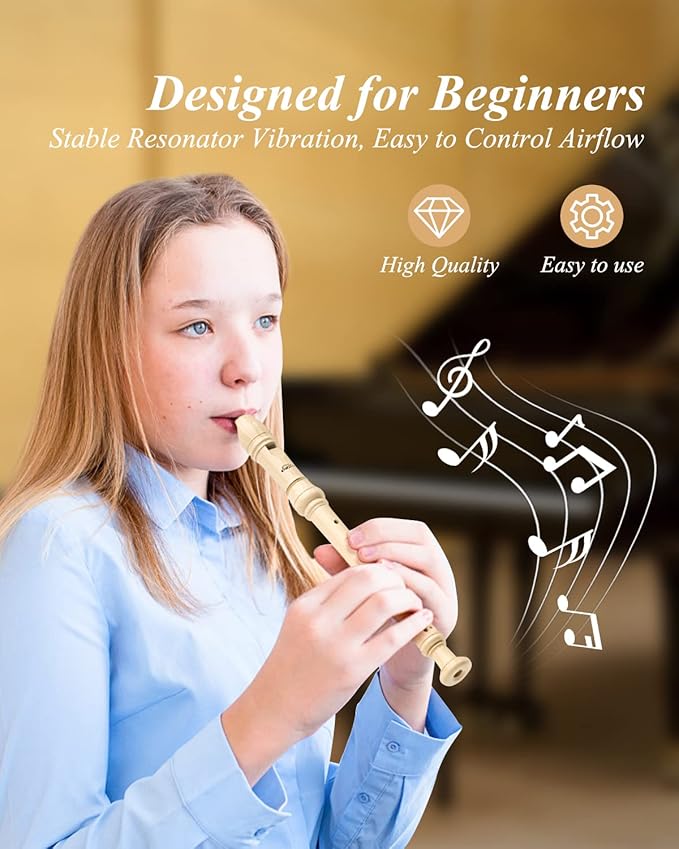 Eastar Soprano Recorder Instrument for Kids Beginner, Baroque Fingering C Key with Cleaning Kit, Thumb Rest, Cotton Bag, Fingering Chart, ERS-21BN, Natural, School-Approved