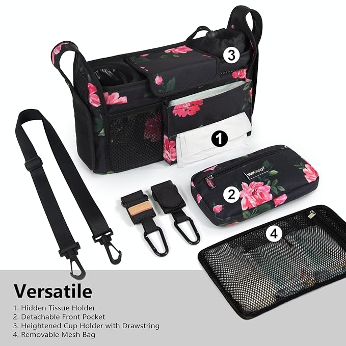 TOPDesign Universal Baby Stroller Organizer, Stroller Caddy with Detachable Mesh Bag & Heightened Insulated Cup Holders & Non-Slip Secure Hooks Accessories, Fits Most Strollers (Peony)