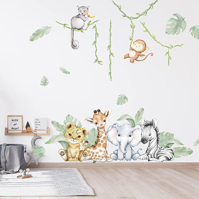 59.05x53.14 Inch Woodland Animals Wall Decals - Forest Animal Wall Decal with Elephant, Zebra, Monkey, Giraffe - Nursery Decor for Home, Baby Room, Boys & Girls Bedroom Art