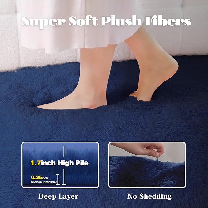 6x9 Area Rug for Living Room: Fluffy Shag Soft Washable Rugs Large Fuzzy Plush Indoor Carpet for Bedroom Nursery Playroom Kids Girls Boys Room (Navy Blue, 6'x9')