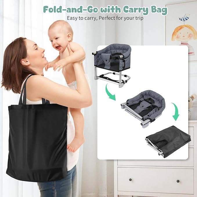 Booster Seat for Dining Table: Portable Toddler Booster Chair with Safety Buckle and Height Adjustable, Foldable Baby Feeding Chair, Kids High Chair Booster Seat for Kitchen Home Travel - Yellow