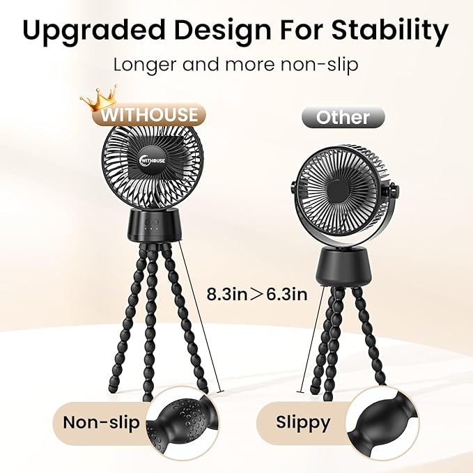 20000mAh Portable Stroller Fan with Auto Oscillating, Extended Anti-Slip Detachable Flexible Tripod, Power Bank & LED Light, 3-Speed Quiet Long Time Cooling Clip On Fans for Baby Crib Car Seat Travel