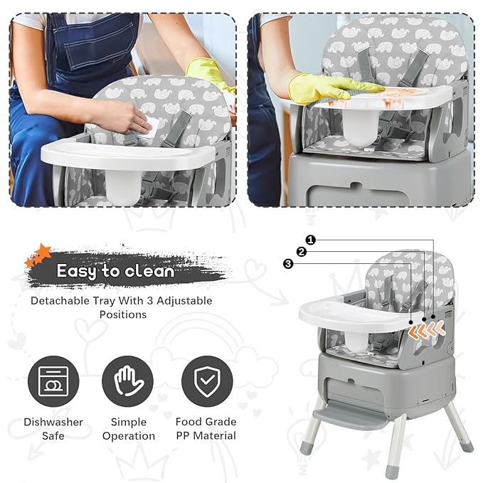 4 in 1 Portable Baby High Chair,Convertible Highchair for Babies & Toddlers-Foldable Infant Booster Seat,Carry Small Box,Dining Chair,Toddler High Chair with 5-Point Harness,Removable Tray-Grey