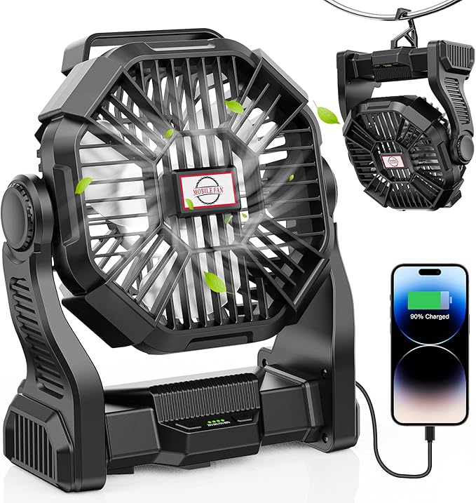 20000mAh Portable Battery Powered Camping Fan - with LED Light, Quiet Battery Operated, Camping Gear for Travel, Tent, Beach, Car or Hurricane Power Outages, Black