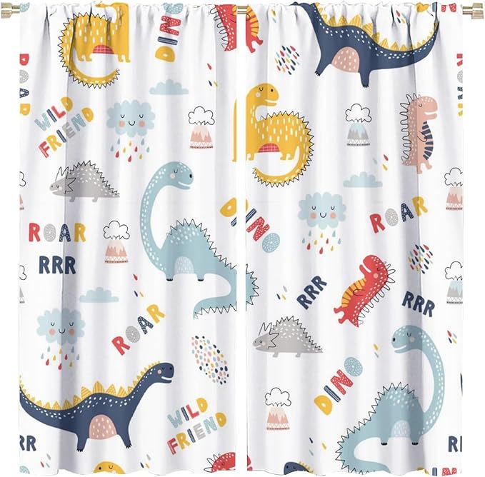 Cartoon Dinosaur Curtains for Kids Boys Girls Home Decor Colorful Cute Dino Animals Print Pattern Rod Pocket Blackout Window Drapes for Nursery Baby Bedroom Playroom W21xL45in Decor