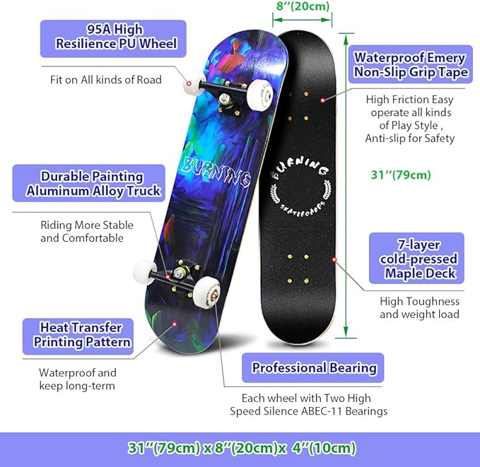 Easy_Way Complete Skateboards- Standard Skateboards for Beginners Kids Boys Girls Teenager- 31''x 8''Canadian Maple Cruiser Pro Skate Board, Skateboards
