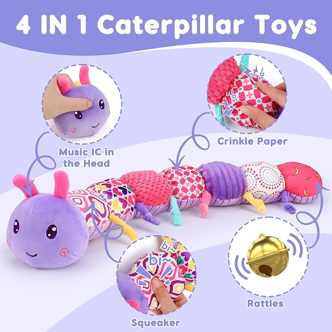 Baby Girl Toys 0-3-6 Months Musical Stuffed Animals Plush Caterpillar Toy with Crinkle Rattles Tummy Time Sensory Learning Toys for Infants 6-9-12 Months Newborn Girls Boys Essentials Shower Gifts 1