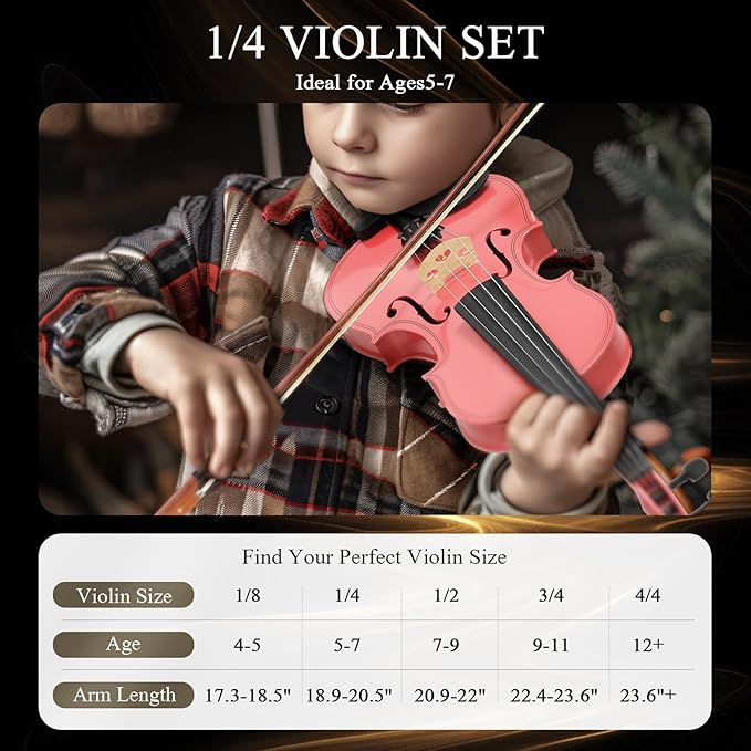 1/4 Violin Kit, Beginner Violin for Kids, Students, Complete Kids Violins Set with Case, Bow, Rosin, Ideal for Kids Violins Beginner Ages 5-7, Pink