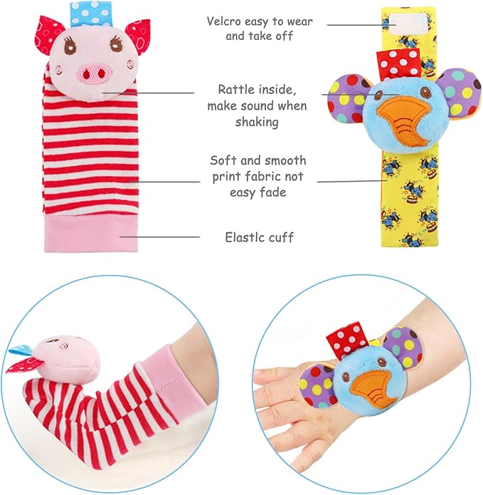 Infant Rattle Socks Toys 0 to 12 Months, Baby Wrist Rattle Foot Finder Socks Set, Birthday Holiday Present for Newborn Boy Girl 0/3/4/6/7/8/9/12/18 Months Kids Toddler, Gift Box Package (4A)