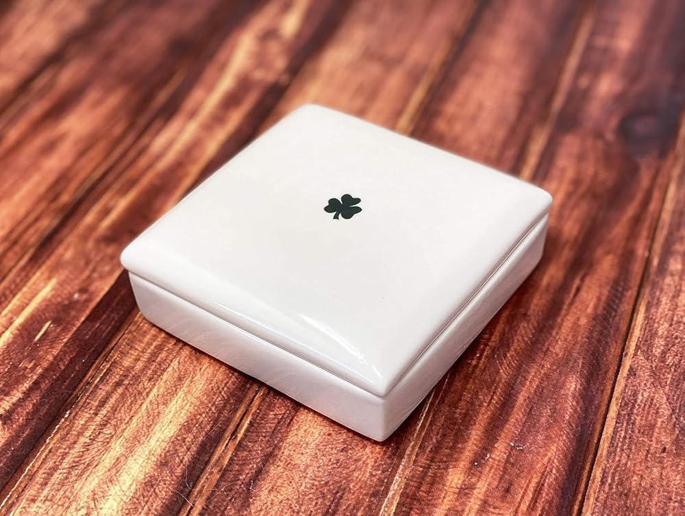 Baptism Gift, First Communion Gift, or Confirmation Gift – Square Ceramic Keepsake Box with Irish Blessing and Shamrock in Green