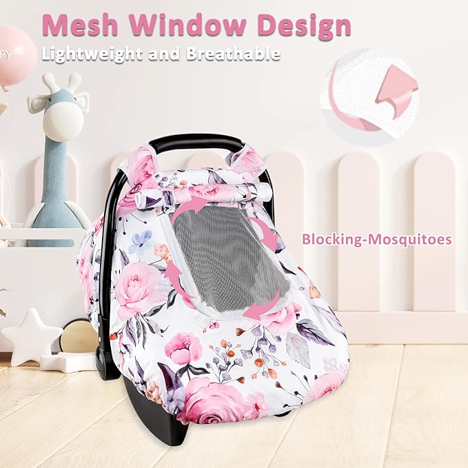 Floral Baby Carseat Cover Girls, Pea Pod Infant Car Seat Covers Canopy for Newborn with 2 Layers Windows of Breathable Mesh/Fabric, Lightweight Polyester/Minky Dot Backing, Snug Fit Most Baby Car Seat