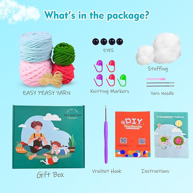 Crochet Kit for Beginners,Crochet Starter Kit with Step-by-Step Video Tutorials,DIY Crochet Animal Kits for Adults Kids,Complete Kit Included(2PCS Turtle)