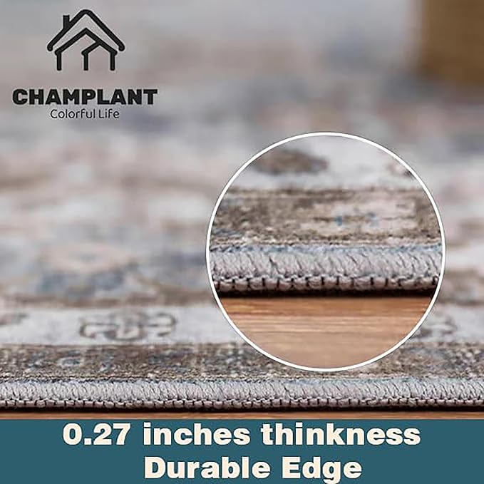 Area Rug 6'x9' Blue Khaki Washable Vintage Traditional Floor Cover Thin Retro Kitchen Indoor Distressed Non Slip Carpet Floral for Living Room Bedroom Dining Room