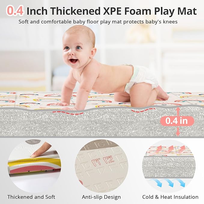 79 x 71 Baby Play Mats for Floor, Foldable Foam Play Mat for Babies 0-12 months,Thick & Waterproof Playmate for Baby, Non Toxic Baby Tummy Time Activity Playmat, Reversible Playpen Mat for Infant Toddlers