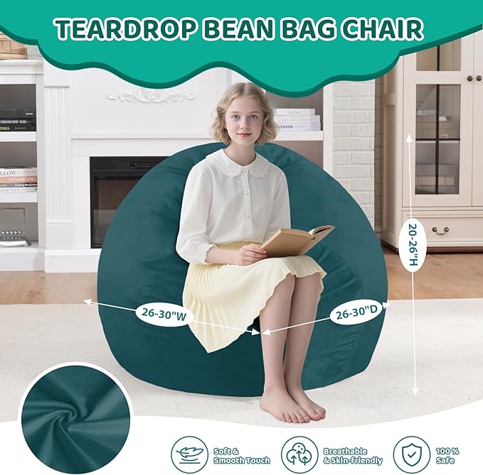 2FT Bean Bag Chair, Comfy Bean Bag Chairs with Memory Foam Filled, Fluffy Beanbag Sofa with Dutch Velvet Cover, Teardrop BeanBag Chairs for Living Room, Playroom - Sea Blue