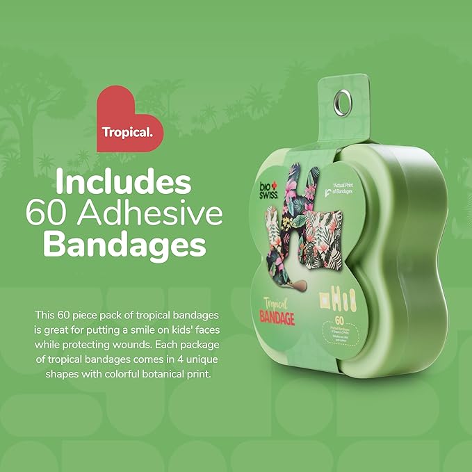 BioSwiss Bandages, Assorted Size Tropical Print Self Adhesive Bandage, Latex Free Sterile Wound Care, First Aid Kit Supplies for Kids and Adults, 60 Count