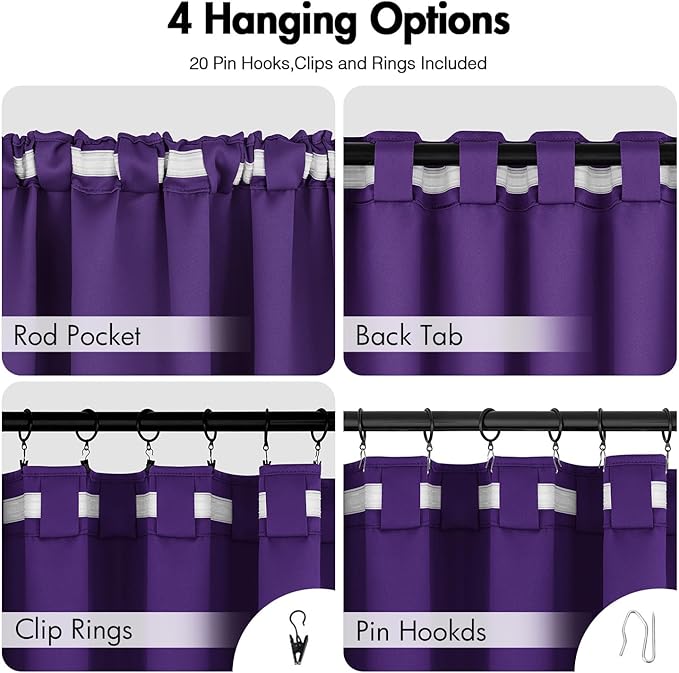 ANRODUO Back Tab Blackout Curtains for Bedroom Living Room, Rod Pocket Pinch Pleated Thermal Insulated Room Darkening Curtains 72 Inches Long 2 Panels, Purple, 42 x 72 Inch