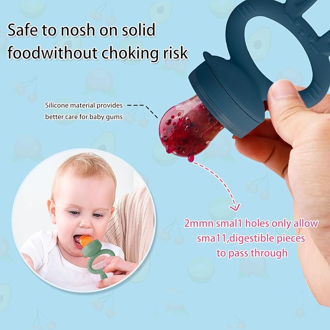 Baby Solids/Frozen Fruit Feeder Pacifier, Infant Teether Toy 4M+, BPA-Free Silicone Pouch & Nipple, Safely Introduce Solids, Teething Relief, 2-Pack - Blue/Green (Rabbit)