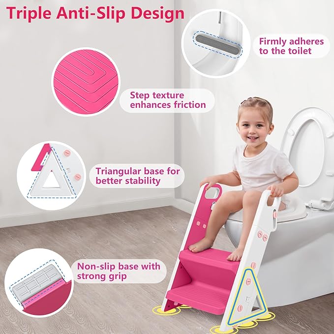Easy Storage Potty Training Seat with Ladder, Adjustable Step and Toilet Seat Height, Easy-Grip Handles for Climbing, Foldable Portable Toddler Toilet Trainer, Perfect for Small Bathrooms