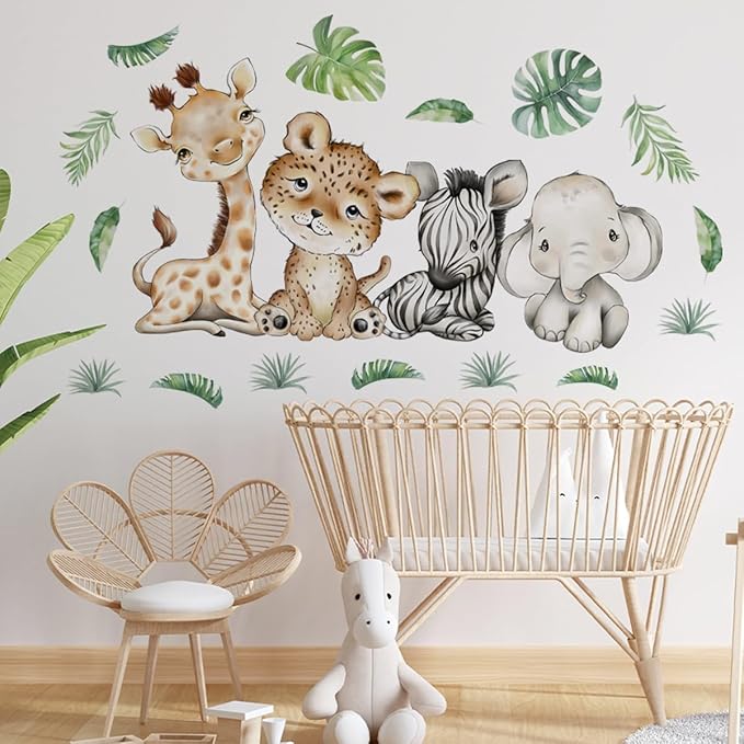 44.88 x22.98 Inch Watercolor Jungle Animal Wall Decals - Tiger, Elephant, Zebra Peel & Stick Wall Art Stickers for Baby Nursery, Playroom, Bedroom, Classroom & Kindergarten Decor