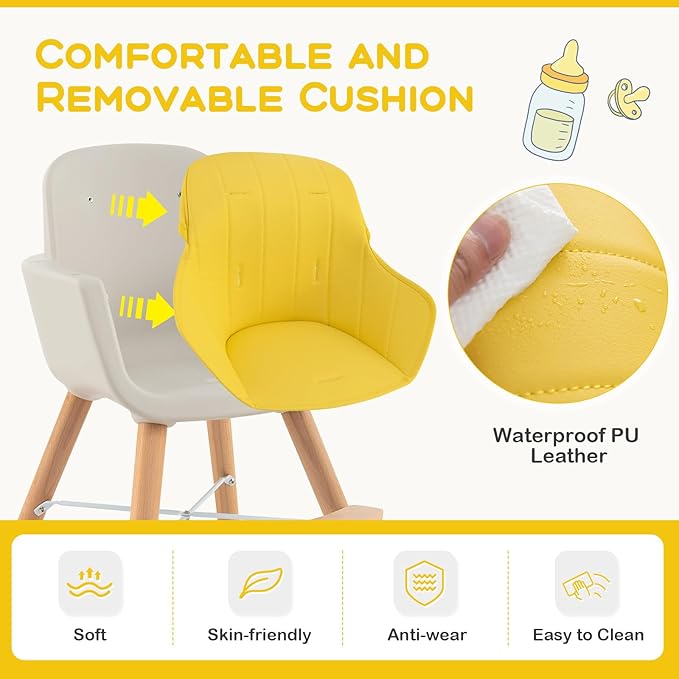 BABY JOY Convertible Baby High Chair, 3 in 1 Wooden Highchair/Booster/Chair with Removable Tray, Adjustable Legs, 5-Point Harness, PU Cushion and Footrest for Baby, Infants, Toddlers (Yellow)