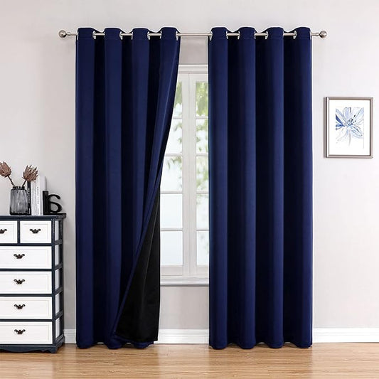 ChrisDowa 100% Blackout Curtains for Bedroom with Black Liner, 2 Thick Layers Total Blackout Thermal Insulated Grommet Long Window Curtains 2 Panels Set (Navy Blue, 52 x 95 Inch)