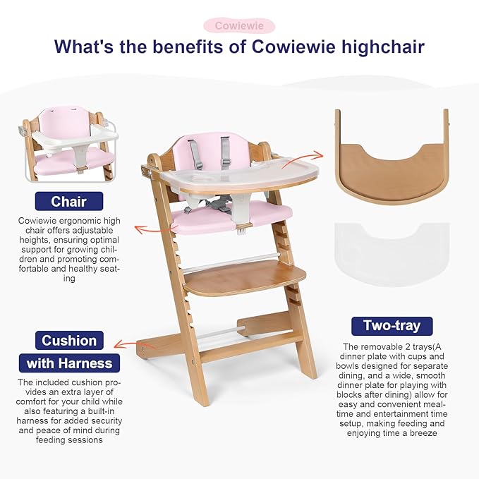 Cowiewie Natural Wooden High Chair for Babies & Toddlers 3-Tier Remove Adjustable Tray and Highchair with Cushions, Easy to Clean, Portable. (Pink)