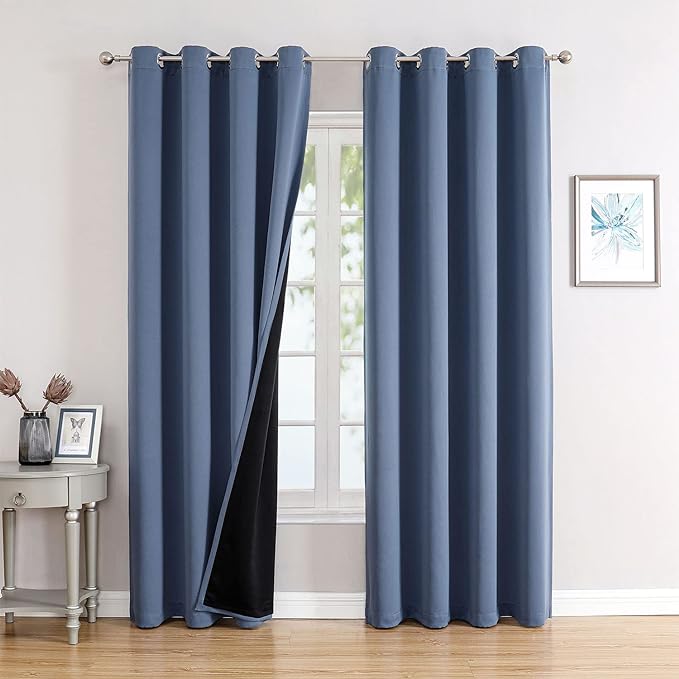 ChrisDowa 100% Blackout Curtains for Bedroom with Black Liner, 2 Thick Layers Total Blackout Thermal Insulated Grommet Window Curtains 2 Panels Set (Stone Blue, 52 x 72 Inch)