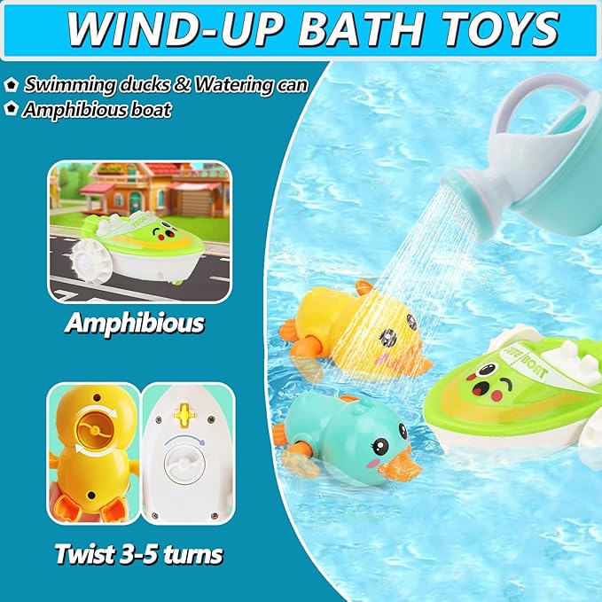 No Hole Bath Toys for Babies 0-6-12 Months+, Wind-up Swimming Ducks & Boat Bath Toys for Kids Ages 1-3, Baby Pool Toys Fishing Net Water Toys Watering Can, Toddler Bath Toys for 1+ Year Old Boy Girl