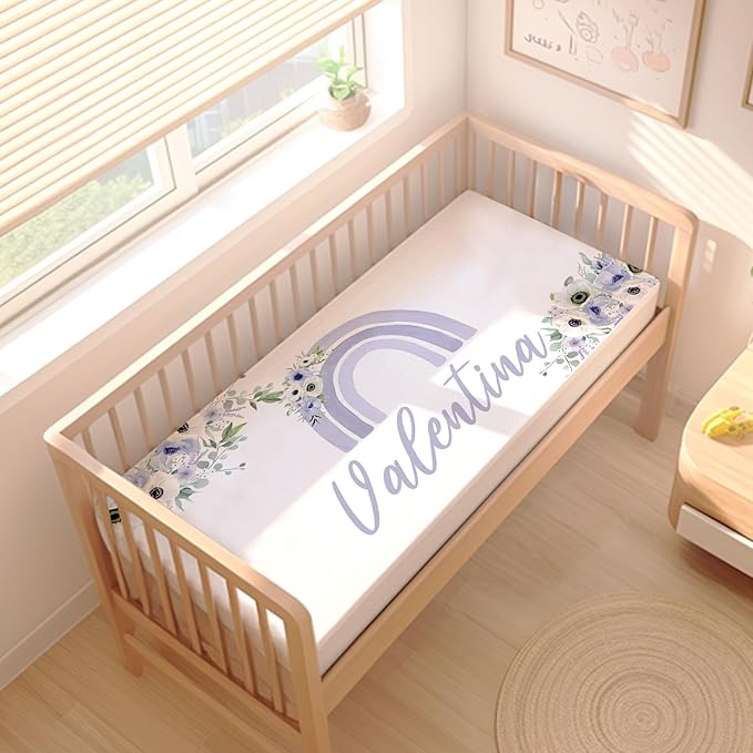 Baby Girl Crib Bedding Sets Personalized with Name – Custom 3-Piece Nursery Set, Rainbow with Floral Flannel Blanket, Crib Fitted Sheet & Pillowcase – Baby Newborn Infant Toddler Shower Gift