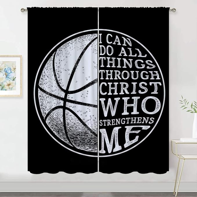 Basketball Blackout Curtains for Boy Girl Room Darkening Decor,Sport Theme and White Motto Dark Background Bedroom Living Room Home Rod Pocket Thermal Insulated Window Curtain/Drapes Panel,55x63 Inch…