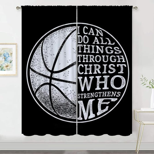 Basketball Blackout Curtains for Boy Girl Room Darkening Decor,Sport Theme and White Motto Dark Background Bedroom Living Room Home Rod Pocket Thermal Insulated Window Curtain/Drapes Panel,84x84 Inch…