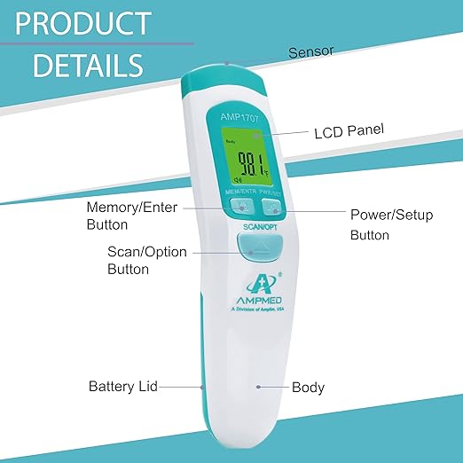 Amplim Non-Contact Forehead Thermometer & Case for Adults, Kids, Baby, FDA Cleared, Medical Grade, Touchless Infrared, 1-Sec Reading, Fever Alarm, Memory Recall, Quiet Mode, (White)