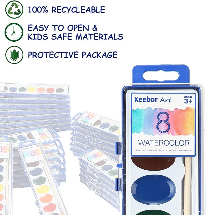 8-Color Watercolor Paint Set for Kids, 36 Pack Washable Watercolors Bulk for Party Favors, Gifts, Classroom Supplies (Wooden Paintbrushes Included)