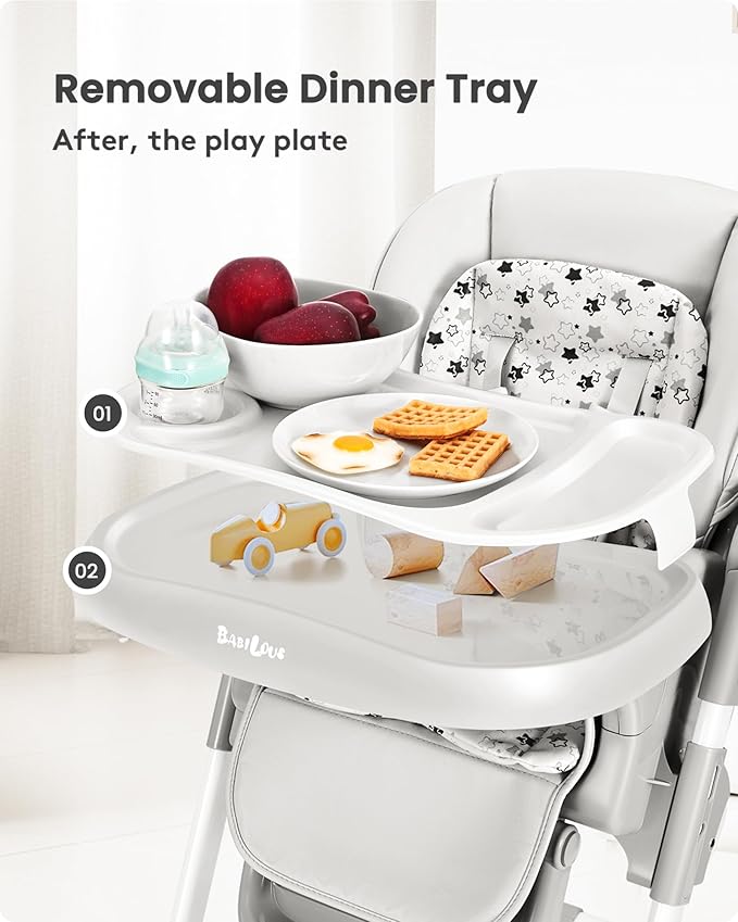 Foldable High Chair with Soft Cushion, High Chairs for Babies and Toddlers, Height Adjustable Feeding Chair, Adjustable Backrest and Footrest, Lockable Wheels, Star Gray