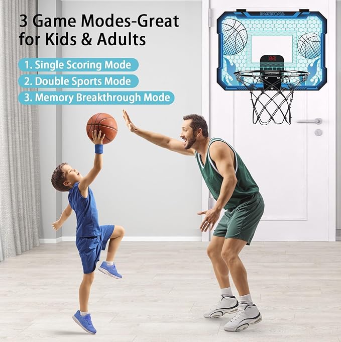 Indoor Basketball Hoop for Kids with Led Lights Mini Basketball Hoop with Remote Control Over The Door Basketball Hoops with Scoreboard Basketball Toys for 4-12 Year Old Boys Girls