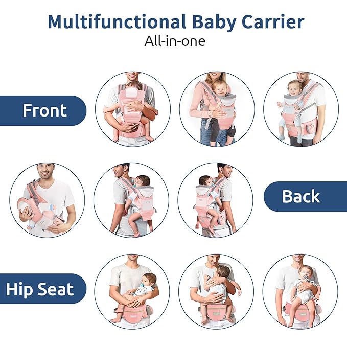 Baby Carrier with Hip Seat, Ergonomic M Position 6in1 Baby Carrier Newborn to Toddler,Head Support and Breathable Mesh Newborn Carrier,Adjustable Baby Holder Carrier for Dad&Mom-Pink
