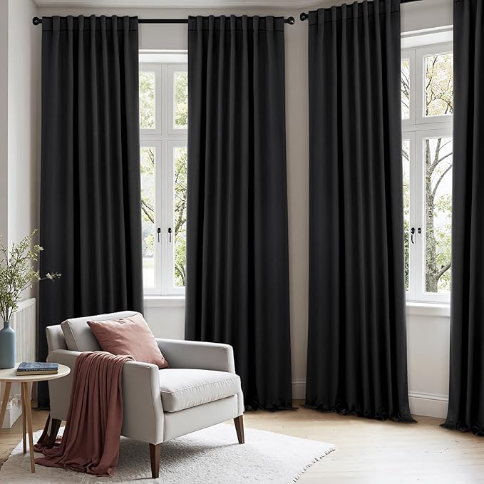 ANRODUO Back Tab Blackout Curtains for Bedroom Living Room, Rod Pocket Pinch Pleated Thermal Insulated Room Darkening Curtains 102 Inches Long 2 Panels, Black, 52 x 102 Inch