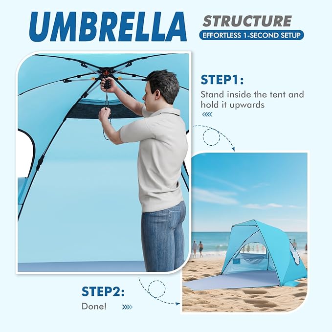 Elegear Beach Tent with Canopy, 1-Second Setup Pop Up Sun Shelter Shade, UPF 50+ UV Protection Silver-Coated Lightweight Portable Beach Cabana