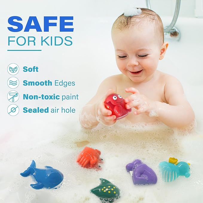 LotFancy Bath Toy, 8PCS Mold Free Bath Toys for Kids Ages 1-3, No Holes Baby Bath Toys for Toddlers 2-4, Ocean Sea Animal Bathtub Toys, Soft Floating Pool Water Table Toys