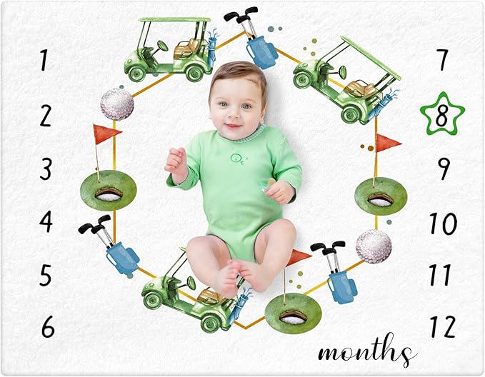 Golf Print Baby Monthly Milestone Blanket Newborn Baby Boy Green Gender Neutral Newborn and Nursery Essentials Personalized Ideas for Nursery Decor (Green, Golf)