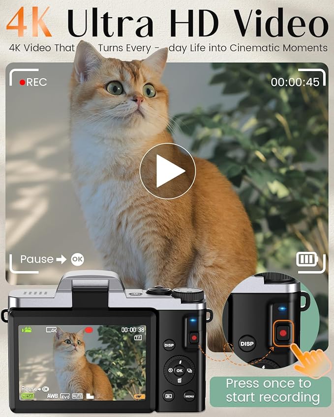 4K Digital Camera for Photography with WiFi,64MP Autofocus Vlogging Camera for YouTube,3'' 180° Flip Screen Compact Travel Camera for Teens with 32GB SD Card,16X Zoom,Anti-Shake,2 Batteries(Charcoal)