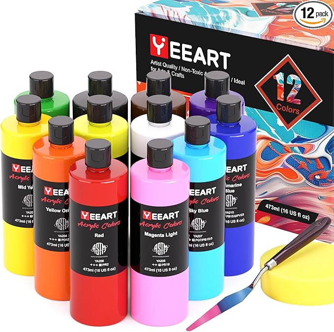 Acrylic Paint Set, 12 Colors Acrylic Paint Large Bottle Set, 16OZ Each, Rich Pigmented Canvas Paint, Premium Non-toxic Paints for Artists, Acrylic Paint Set for Kids & Adults, Art Supplies for Canvas
