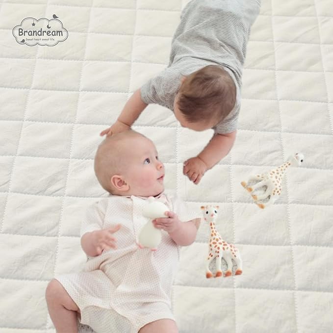 Brandream White Crib Bedding Set 6 Pieces Baby Nursery Collection with 2 packs Window Valance,Quilt,Crib Sheet,Dust Ruffle-100% Washed Cotton Like Linen Supersoft Classic Quilted Plaid Off White Cream