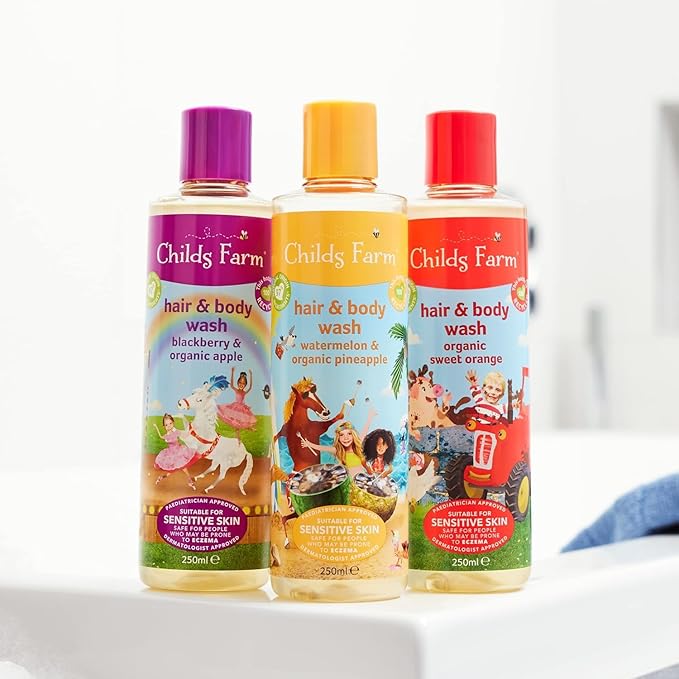 Childs Farm, Kids Hair & Body Wash for Dry, Sensitive Skin, Organic Sweet Orange, Gently Cleanses, Vegan, Cruelty-Free, 8.4 Fl Oz