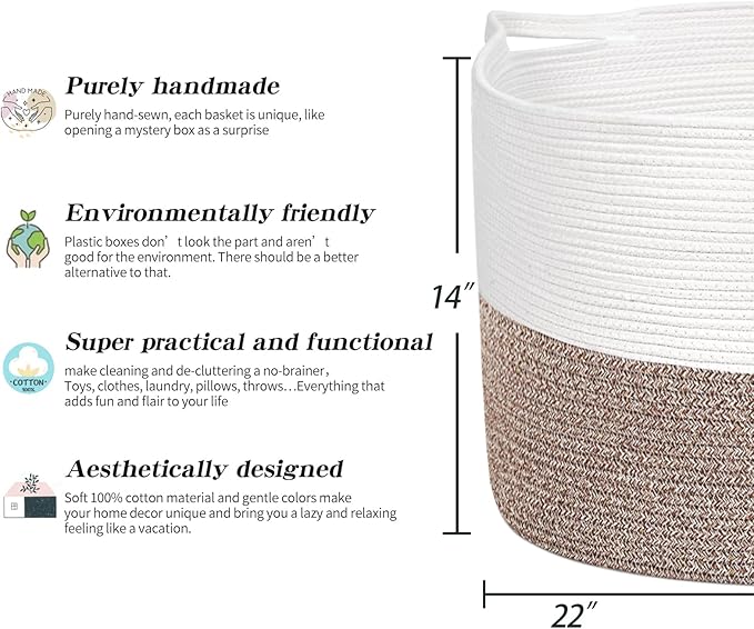 Extra Large Cotton Rope Basket 22" x 14" - Toy Basket for Kids -Blanket Basket for Living Room - Woven Baskets for Storage