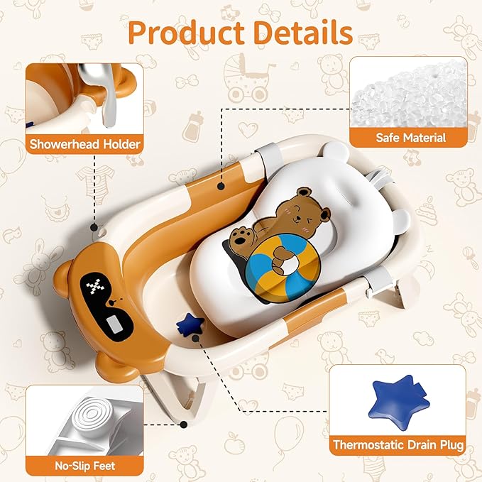 Collapsible Baby Bathtub with Soft Towel and Floating Cushion, Infant Bathtub for Newborn to Toddler (0-18 Month), Portable Baby Bath Tub for Travel (Brown Bear)