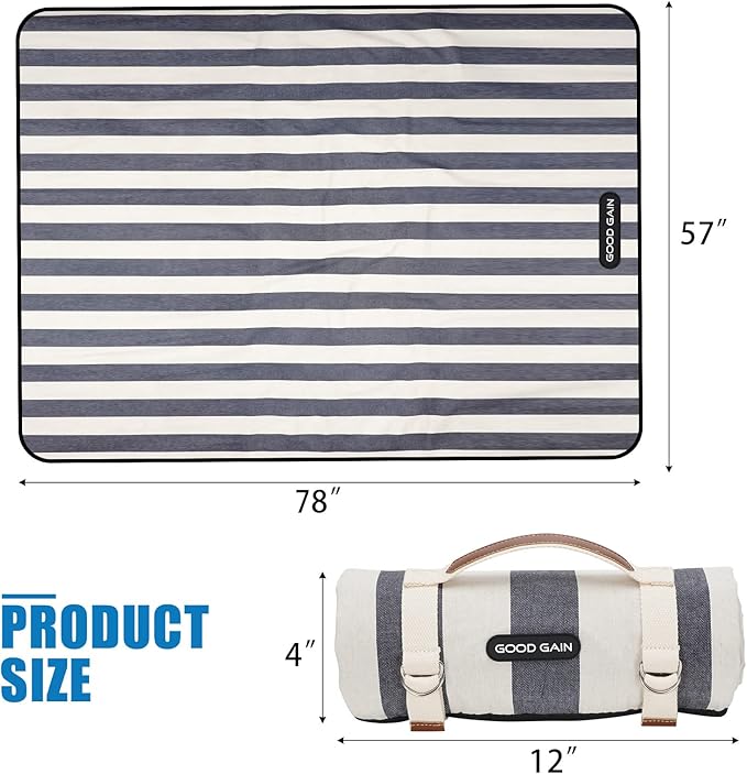 G GOOD GAIN Waterproof Picnic Blanket Portable with Carry Strap for Beach Mat or Family Outdoor Camping Party, Park Blanket for Grass Park, Hiking, Travel, Concerts (Denim Blue)