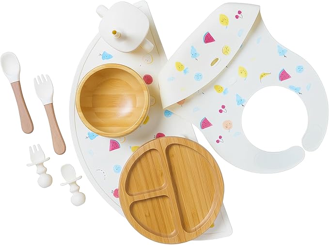 Bamboo Baby Feeding Set for Infants & Toddlers - Baby Essentials, Non-Toxic, Sustainable, Bamboo Suction Plate & Bowl, Bib, Sippy Cup w/Lid & Straw, Daily Use, Travel, Baby Shower Gifts (Vanilla)