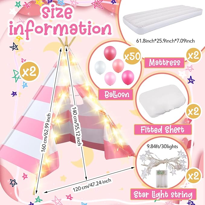 2 Pack Kids Teepee Tent with Mattress,Fitted Sheet,Light String,Washable Natural Cotton Toddler Play Tent for Girls Boys Indoor Outdoor Sleepover Slumber Birthday Party(Pink and White)